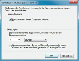 Konfiguration II: Zusätzlich muss der Hilfesuchende auf seinem Rechner noch die Option „Remotesteuern dieses Computers zulassen“ aktivieren.