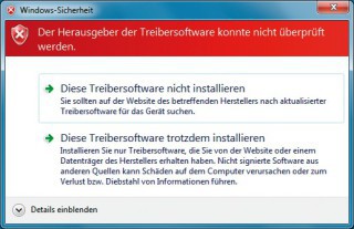 Windows-Sicherheit: Windows warnt Sie vor der Installation des Treibers, weil er nicht signiert ist.