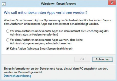 Smartscreen abschalten: Smartscreen kontaktiert vor dem Ausführen heruntergeladener Dateien einen Microsoft-Server. Hier schalten Sie Smartscreen ab.