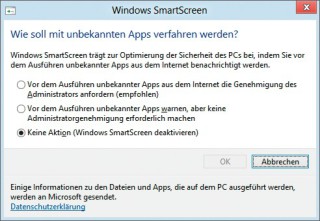 Smartscreen abschalten: Smartscreen kontaktiert vor dem Ausführen heruntergeladener Dateien einen Microsoft-Server. Hier schalten Sie Smartscreen ab.