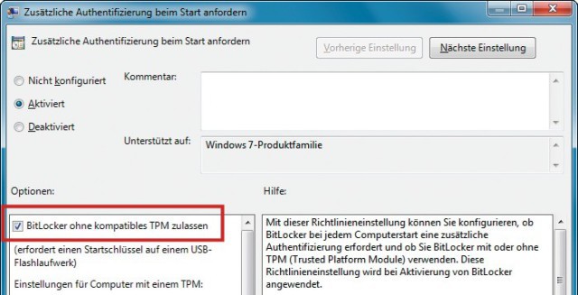 Bitlocker ohne TPM-Chip: Damit Windows 7 anstatt eines speziellen Chips einen USB-Stick nutzt, nehmen Sie im Gruppenrichtlinien-Editor diese Änderung vor.