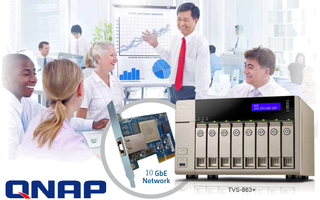 Der NAS-Spezialist Qnap zeigt seine neuen Netzwerkspeicher mit vier, sechs oder acht Festplatteneinschüben der TVS-x63-Serie. Das neue Topmodell TVS-863+ bietet auch einen 10 GBit/s schnellen Netzwerkanschluss.