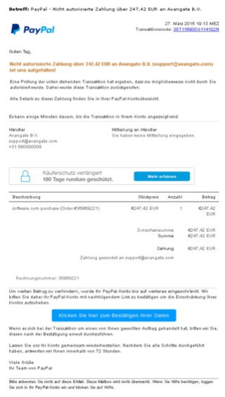 PayPal-Phishing: Die gefälschten Mails haben es auf Ihre Daten abgesehen. Klicken Sie keinesfalls auf den Link in der Mail.