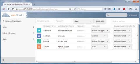 Benutzerverwaltung: Der Admin legt alle ownCloud-Benutzer an und definiert die Gruppenzugehörigkeit.