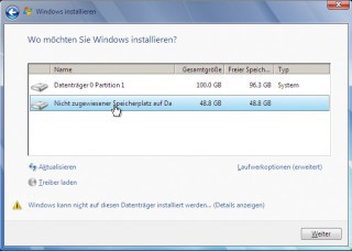 Windows 7 in Datei installieren: „Nicht zugewiesener Speicherplatz“ ist die virtuelle Festplatte. Wählen Sie sie als Installationsort aus (Bild 5).