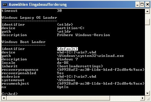 Boot-Manager: Im Boot-Manager von Windows 7 geben die Parameter „device“ und „osdevice“ an, wovon gebootet werden soll. Hier wird von der Differenzdatei „win7diff.vhd“ gebootet (Bild 6).