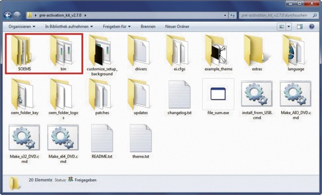 Windows 7 Pre-Activation Kit: Die verbotene Software erzeugt eine Setup-DVD, die ein voraktiviertes Windows 7 installiert. Die rot umrahmten Verzeichnisse enthalten geklaute Registrierschlüssel und Zertifikate (Bild 3).