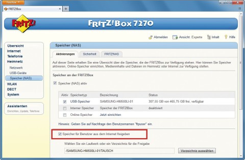 FTP-Server einrichten: Ein an die Fritzbox angeschlossener USB-Stick lässt sich als Server für den Datenabgleich zwischen mehreren PCs nutzen. Sie bauen damit Ihre eigene Dropbox (Bild 1).