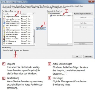 Die Management-Konsole (MMC) ist eine grafische Bedienoberfläche, über die sich Windows verwalten lässt. Die verschiedenen Aufgaben erledigen Sie mit speziellen Erweiterungen. Sie werden Snap-Ins genannt (Bild 3).
