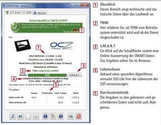 So geht’s: SSD Life Free 
Das kostenlose Tool SSD Life Free zeigt an, ob der TRIM-Befehl im System aktiv ist, und errechnet die voraussichtliche Lebensdauer der SSD (Bild 11).