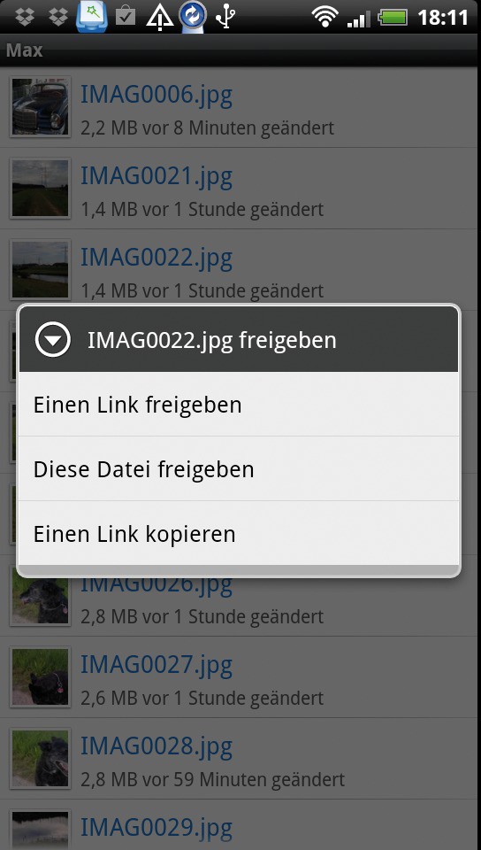 Dateien in der Dropbox lassen sich auch am Smartphone öffentlich freigeben (Bild 7).