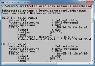 Funkkanäle in Windows 7: Dieser Kommandozeilenbefehl zeigt alle empfangbaren WLANs an. Unter „Kanal sehen Sie, welchen Funkkanal die WLANs jeweils nutzen.