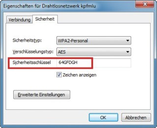 Vergessenen WLAN-Schlüssel auslesen: Windows 7 zeigt in den Einstellungen für das Funknetz den zuvor konfigurierten WLAN-Schlüssel im Klartext an.