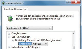 USB-Einstellungen: Aktivieren Sie das selektive USB-Energiesparen, damit Windows 7 USB-Geräte schlafen schickt — etwa USB-Festplatten (Bild 9).