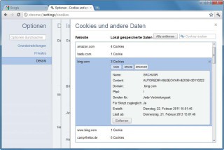 Chrome: Der Browser zeigt den Inhalt und die Anzahl der Cookies einer Website.