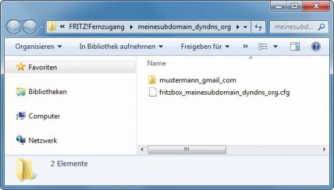 VPN-Konfiguration: Fritzbox-Fernzugang einrichten erstellt eine Datei für die Fritzbox und einen Ordner für den VPN-Client, hier „mustermann_gmail_com“.