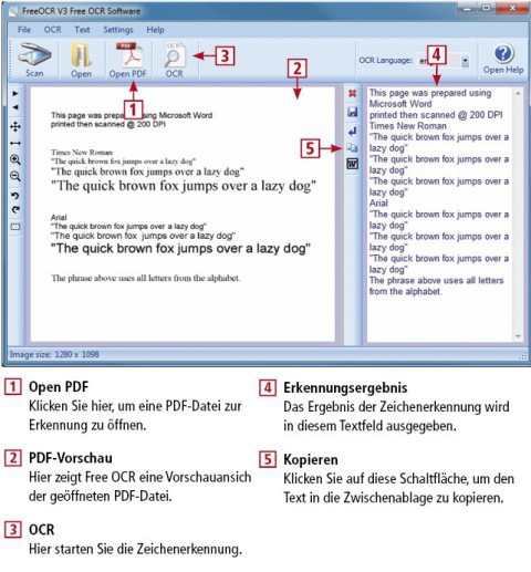 So geht’s: Free OCR führt eine optische Zeichenerkennung in PDF-Dateien durch. Das Ergebnis lässt sich dann in eine beliebige Textverarbeitung einfügen.