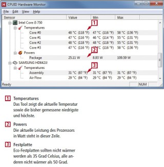 So geht’s: HW Monitor. Das kostenlose Tool HW Monitor liest die Werte aller Sensoren Ihres Rechners ein, protokolliert sie und gibt sie nach Komponenten unterteilt aus.