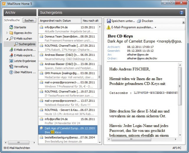 Mail-Archiv durchsuchen: Gesicherte Mails finden Sie schnell mit Hilfe der Suchfunktion eines Archivs (Bild 3).