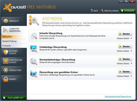 Avast! Free Antivirus: Das kostenlose Antivirenprogramm bietet eine übersichtliche Benutzeroberfläche, in der sich der Nutzer schnell zurechtfindet.