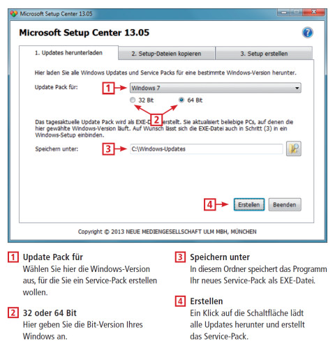 So geht’s: Service-Pack erstellen. Das Microsoft Setup Center 13.05 lädt Service-Packs und Updates für Windows XP, Vista, 7 und 8 herunter. Daraus erstellt es eine EXE-Datei.