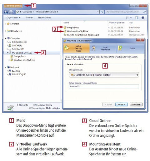 So geht’s: Gladinet Cloud Desktop Das kostenlose Tool Gladinet Cloud Desktop bindet Online-Speicher und Cloud-Dienste als virtuelles Netzlaufwerk in Ihren Windows-Explorer ein.