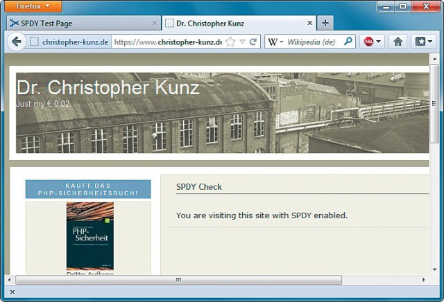 SPDY: Die Technik halbiert die Ladezeiten von Webseiten. Die Testseite https://www.christopher-kunz.de/pages/spdycheck.html prüft, ob SPDY mit Ihrem Browser funktioniert.