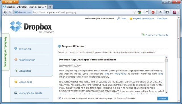 Dropbox-Verbindungen: Auf dieser Seite beantragen Sie einen Zugang zur Dropbox-API für Entwickler. Cyberduck benötigt die Dropbox-API, um auf die Dateien eines Dropbox-Accounts zuzugreifen (Bild 6).