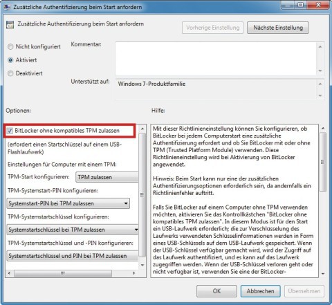 Gruppenrichtlinien anpassen: Aktivieren Sie im Gruppenrichtlinieneditor Gpedit die Option „BitLocker ohne kompatibles TPM zulassen“. Dann akzeptiert Windows den Stick als Authentifizierungs-Schlüssel (Bild 8).