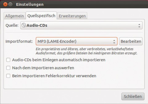 Von Haus aus ist bei Banshee OGG als Ausgabeformat für gerippte Audio-Tracks eingestellt — wechseln Sie zu MP3.