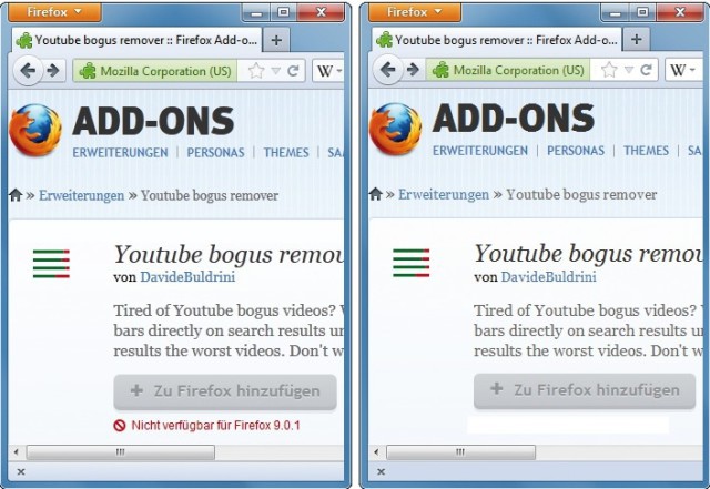 Firefox 10: Der Browser markiert alle Add-ons als kompatibel (rechts). Hinweise wie „Nicht verfügbar für Firefox 9.0.1“ in älteren Versionen (links) entfallen ab Version 10.