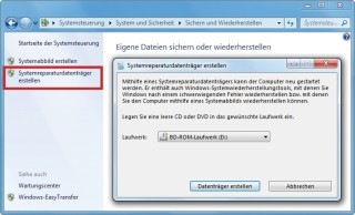 Der Reparaturdatenträger: Mit dieser Option erstellt Windows 7 Ihre Notfall-CD. Der Reparaturdatenträger kann Wiederherstellungspunkte aktivieren und zuvor gesicherte Systemabbilder einspielen (Bild 1).