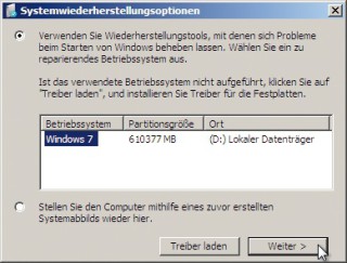 Windows 7 reparieren: In diesem Dialog wählen Sie Ihre Windows-Installation zur Reparatur aus (Bild 2).