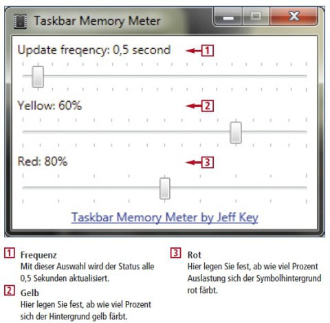 So geht’s: Das kostenlose Taskbar Meters zeigt die Auslastung vom CPU, RAM und Festplatte als Symbolhintergrund in der Superbar an.