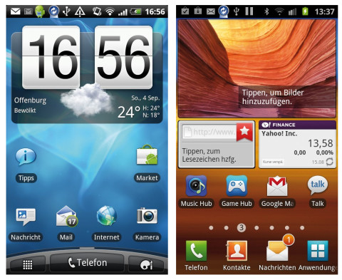 HTC Sense vs. Samsung Touchwiz: Links ist die modifizierte Sense-Oberfläche eines HTC Incredible S zu sehen, auf dem rechten Bild Samsung Touchwiz auf einem Galaxy S2  (Bild 6).