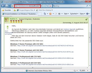 Support-Website von Microsoft: Vielen Rechnern mit vorinstalliertem Windows 7 liegt keine Setup-DVD bei. Das macht aber nichts. Jeder kann von dieser Microsoft-Website ein ISO-Image von Windows 7 kostenlos herunterladen (Bild 2).