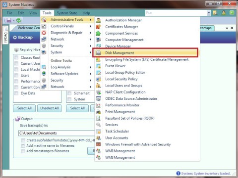 Unter „Administrative Tools“ finden Sie in System Nucleus zum Beispiel die Datenträgerverwaltung — hier „Disk Management“ (Bild 6).