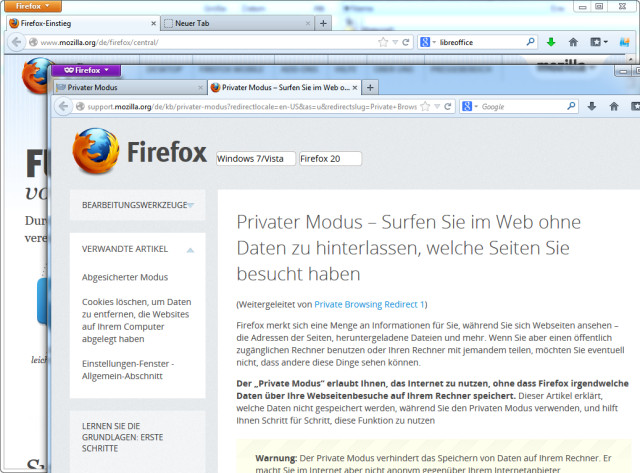 Trotz Privaten Modus kann man in Firefox 20 auch auf die übrigen Browser-Fenster zugreifen.