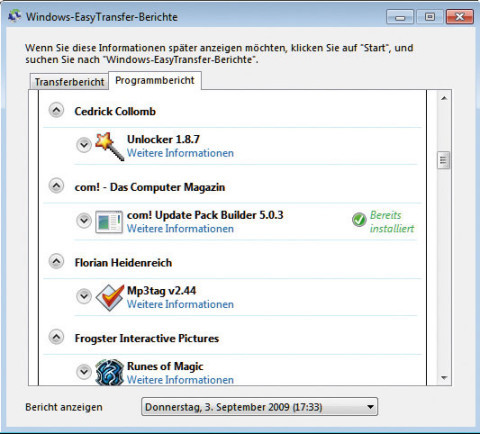 Anwendungen nachinstallieren: Dieser Report zeigt, welche Programme in Ihrem alten System installiert waren und folglich in Windows 7 nachinstalliert werden sollten.