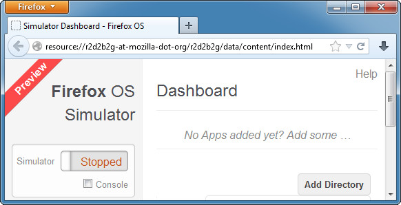Firefox OS Simulator starten: Wählen Sie im Firefox-Browser "Firefox, Web-Entwickler, Firefox OS Simulator" und klicken Sie dann auf "Stopped"
