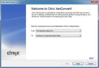 PC virtualisieren: Wählen Sie hier Ihren PC als Quelle aus und geben Sie „XenServer Virtual Hard Disk (VHD)“ als Zielformat an.