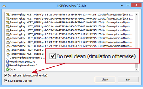 Erst wenn Sie ein Häkchen vor „Do real clean (simulation otherwise)“ setzen und das Tool scharf schalten, erfolgt eine echte Bereinigung Ihres Windows-PCs.
