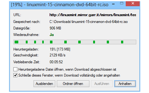 In der Fortschrittanzeige des Downloads sehen Sie, dass der Free Download Manager von jedem genutzten Download-Server ein anderes Teilstück der gewünschten Datei anfordert.