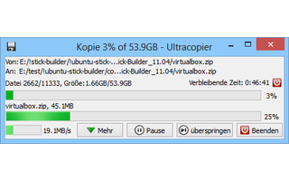 UltraCopier ersetzt den Windows-Dialog zum Kopieren oder Verschieben von Dateien. Umfangreiche Kopieraktionen lassen sich mit UltraCopier vorübergehend anhalten und später wieder fortsetzen.
