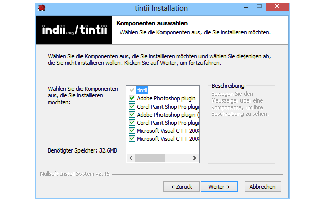 Deaktivieren Sie während der Installation von Tintii alle Plug-ins, denn nur die Standalone-Variante ist bis zur Version 2.4.0 kostenlos.