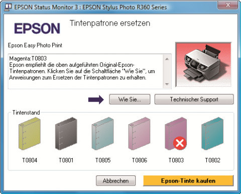 Nichts geht mehr: Drucker wie der Epson Stylus Photo R360 stellen bei einer leeren Tintenpatrone einfach die Arbeit ein