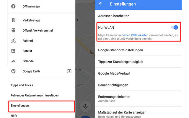 WLAN-Modus bei Google Maps für Android aktivieren