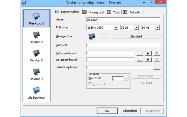 Nach einem Rechtsklick auf das Dexpot-Symbol im System-Tray lassen sich mit „Desktops konfigurieren“ beispielsweise verschiedene Hintergrundfarben für die virtuellen Desktops festlegen.