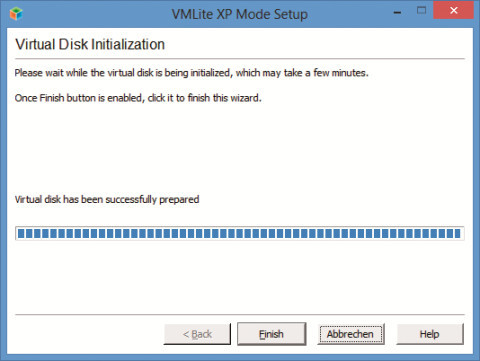 Virtuelle Festplatte: Vmlite erstellt eine virtuelle Festplatte und installiert darin Windows XP. Klicken Sie zum Abschluss auf „Finish“. Daraufhin startet der XP-Modus das erste Mal