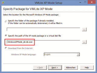XP-Modus-Paket auswählen: Weil Vmlite den XP-Modus nicht automatisch herunterladen kann, geben Sie hier das Paket an, das Sie vorab manuell bei Microsoft heruntergeladen haben